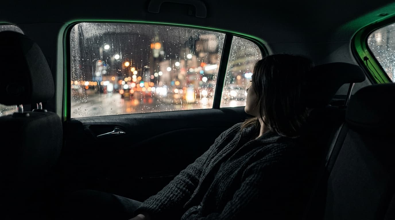 Passenger relaxing in the back seat at night, city lights through rain-streaked glass