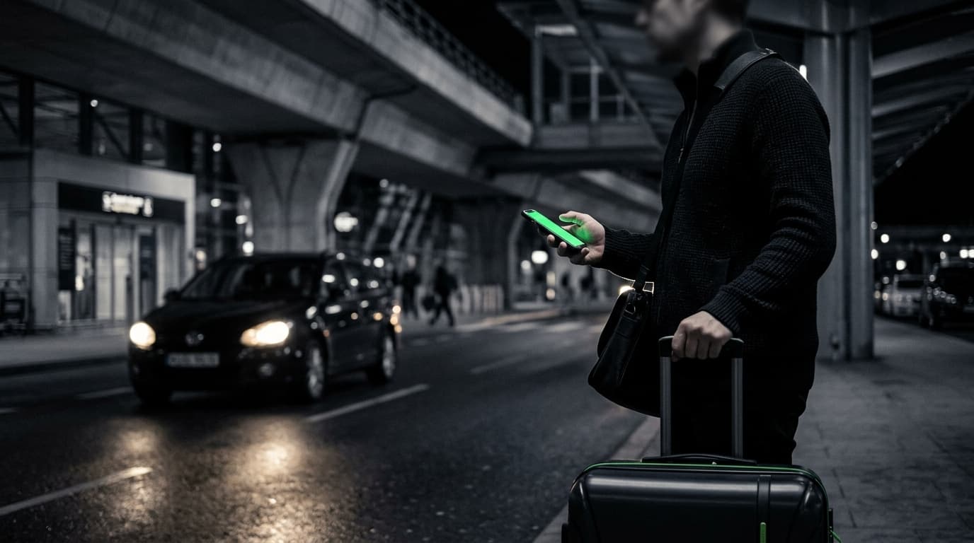 Traveller with suitcase and phone at arrivals as a car approaches