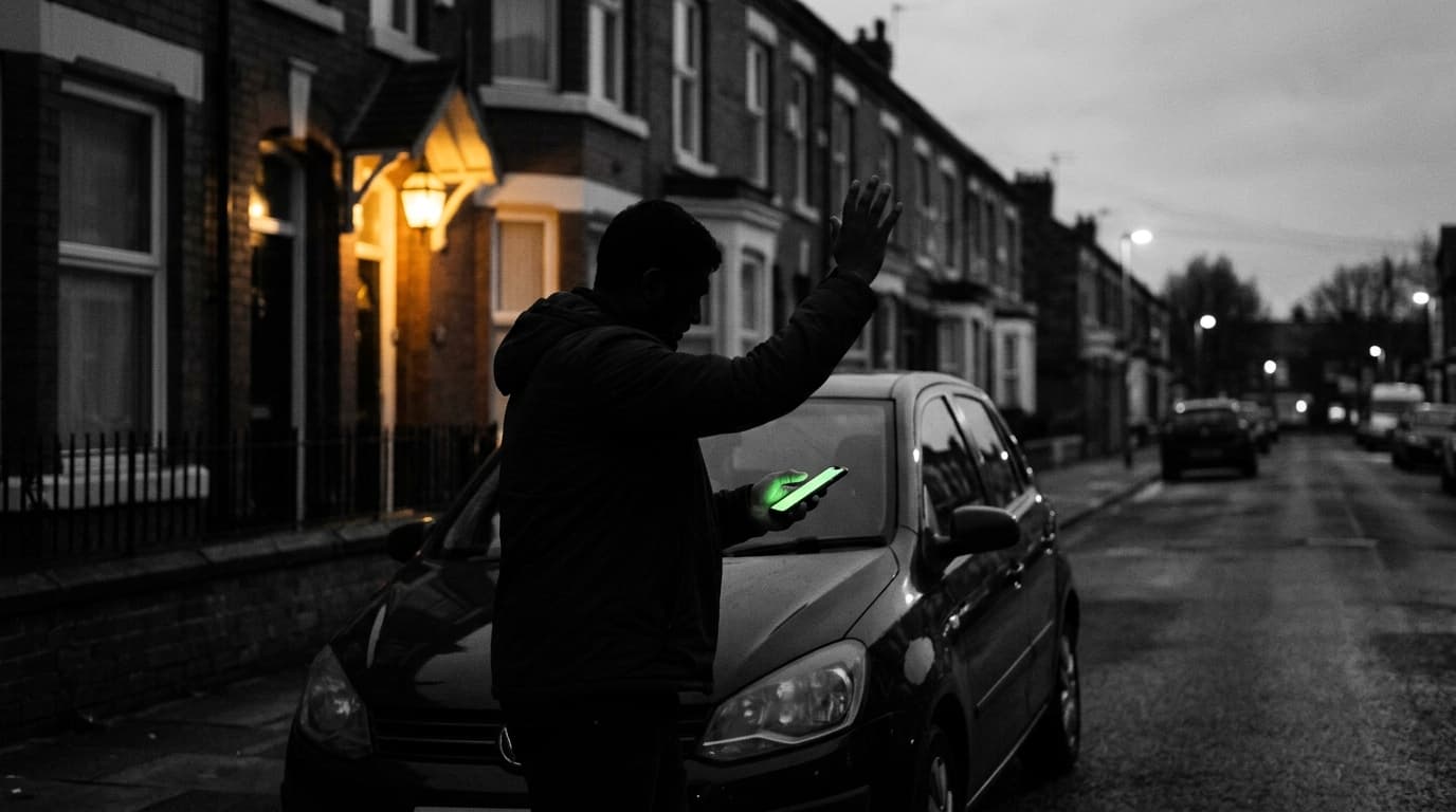 Driver waving beside their car on a Liverpool street at dusk