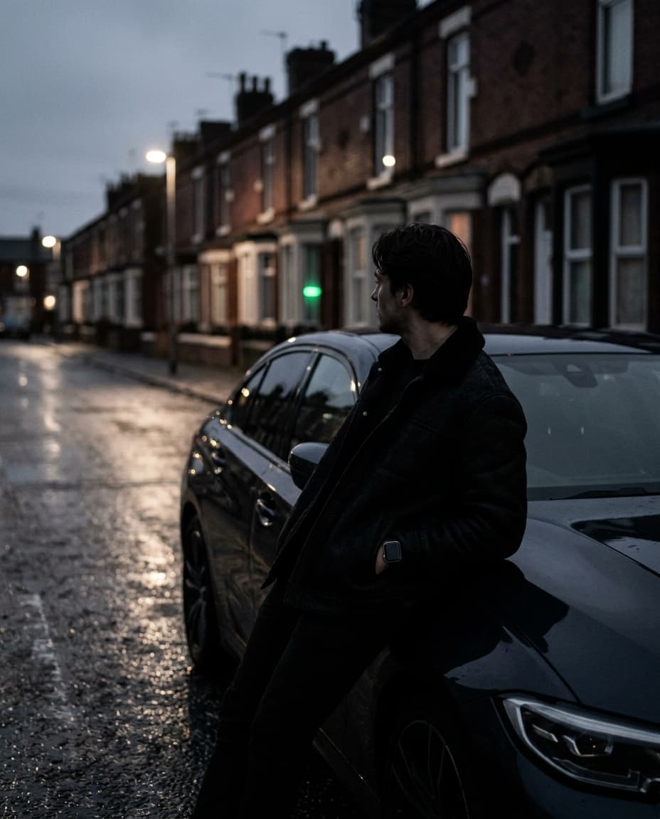 Driver leaning on their car on a terraced Liverpool street at blue hour