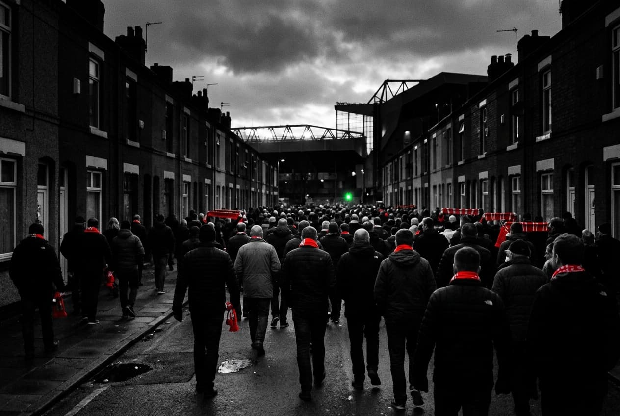 Match-day crowd walking towards a floodlit stadium at dusk